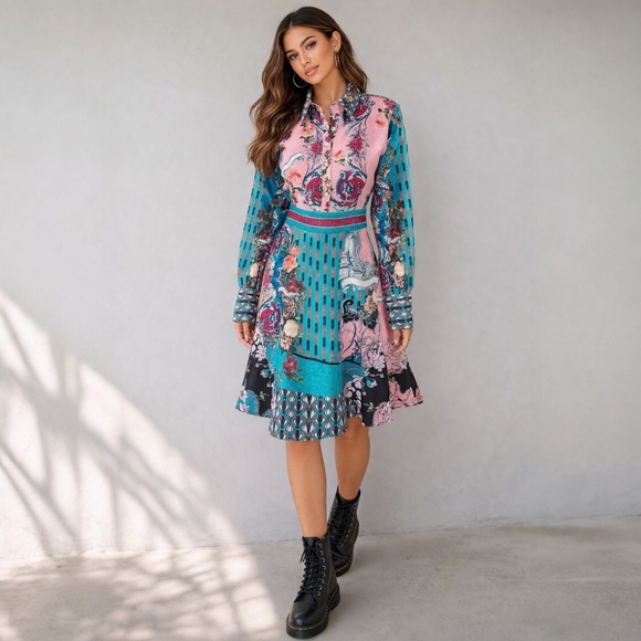 Dalia Macphee Dresses & Skirts - Dalia MacPhee Green Pink Floral Dress Size M Jacquard Bohemian Retro Patchwork